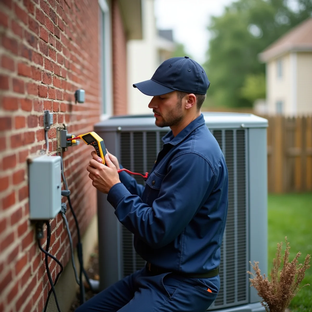 HVAC technician checking power and the breaker to an outdoor AC condenser in Stafford, VA