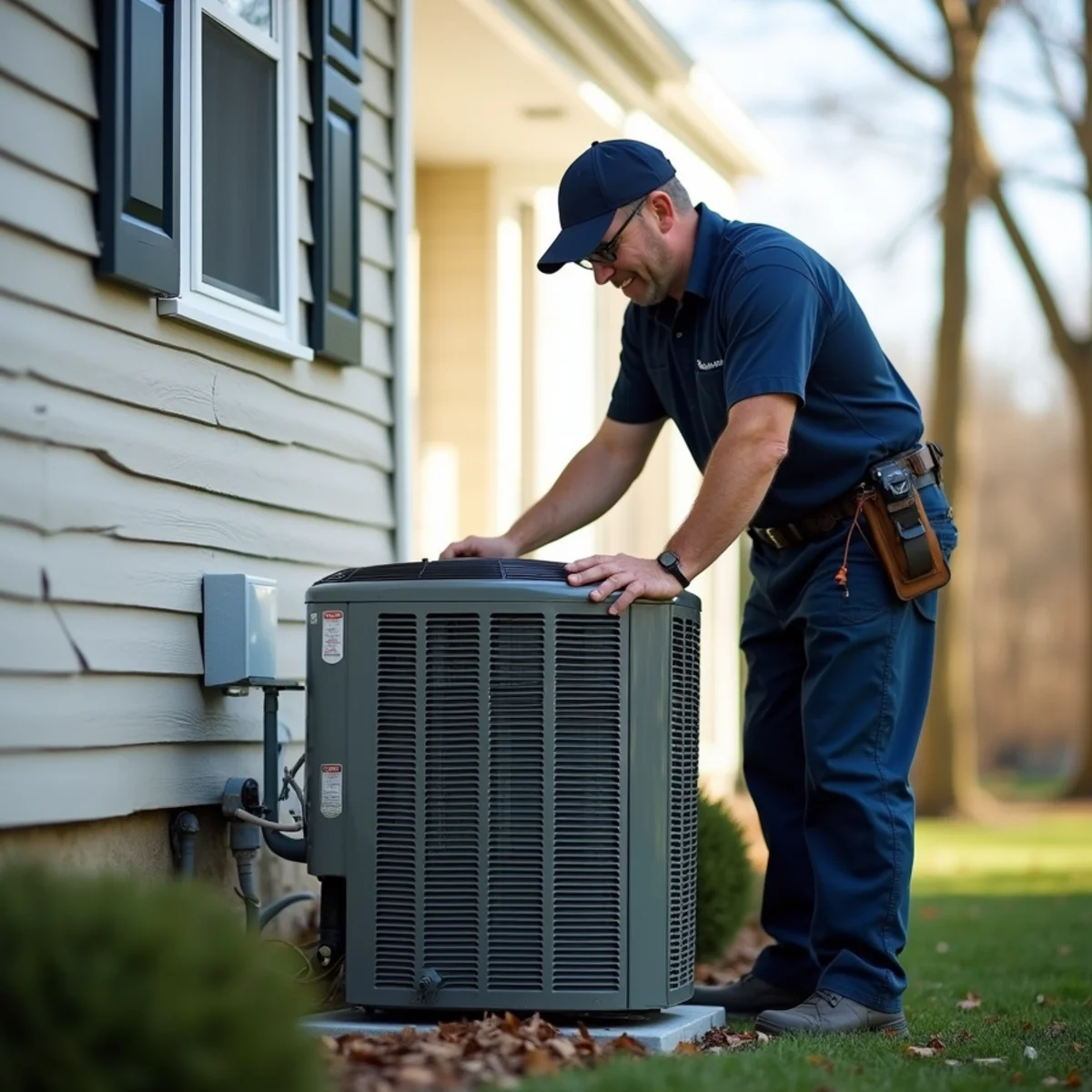 New central AC condenser installed beside a two-story Colonial home in Stafford, VA
