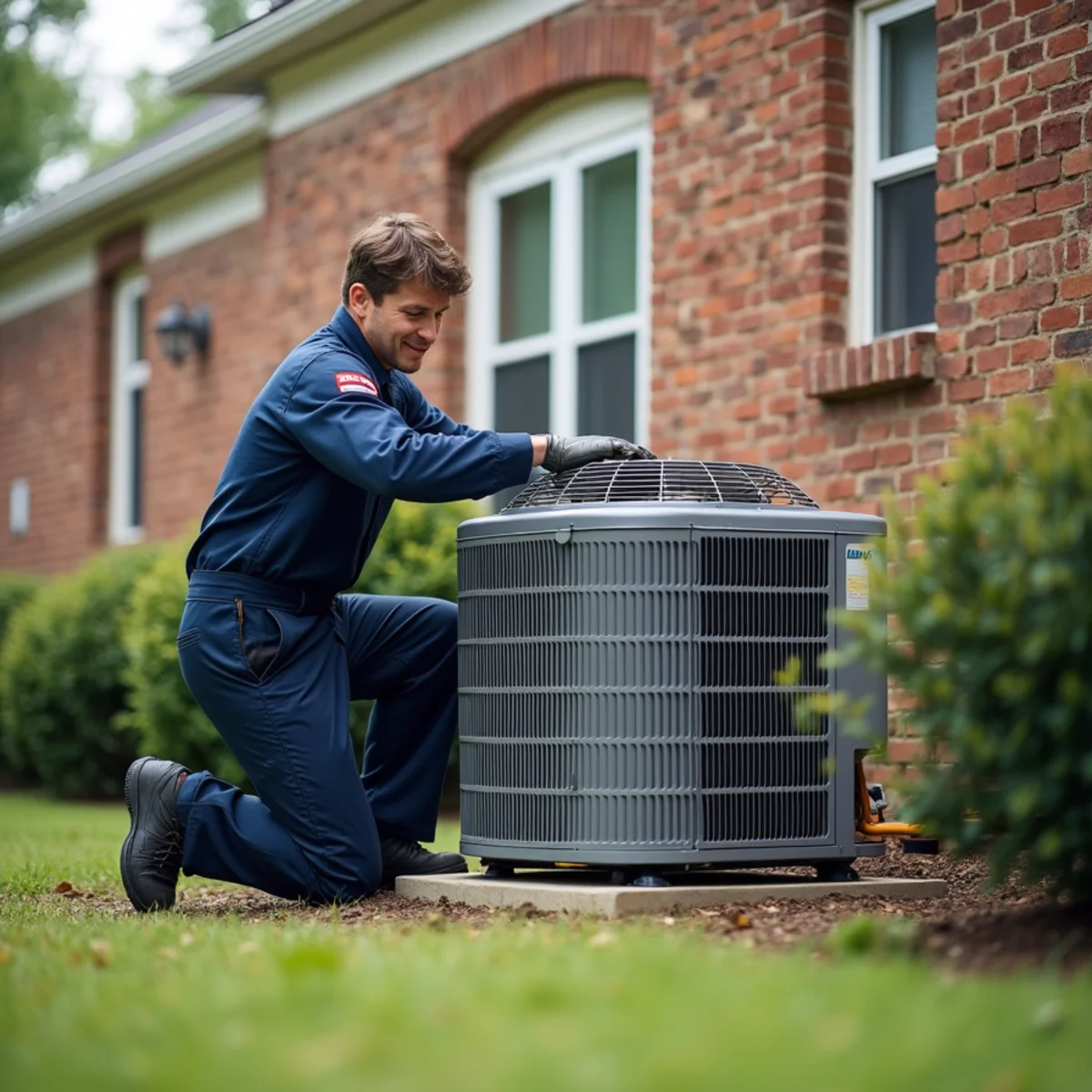 New high-efficiency AC condenser being set on a pad outside a Stafford, VA home