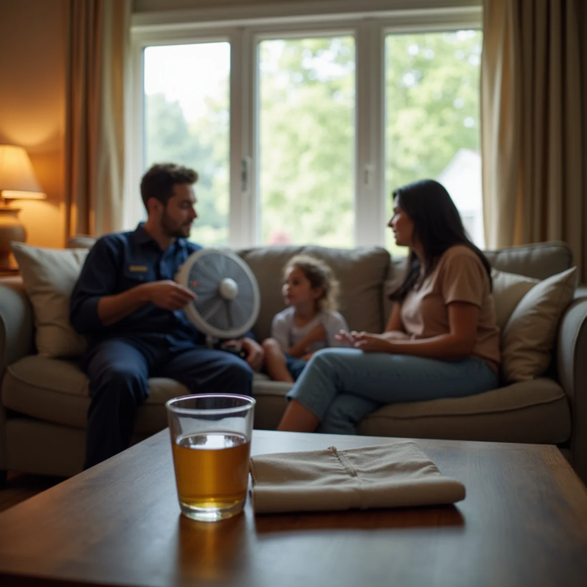 Family keeping cool indoors with fans and water during a Stafford, VA summer AC outage