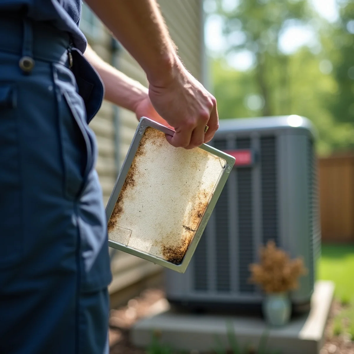 Inspecting the outdoor AC condenser and a clogged air filter at a Stafford, VA home