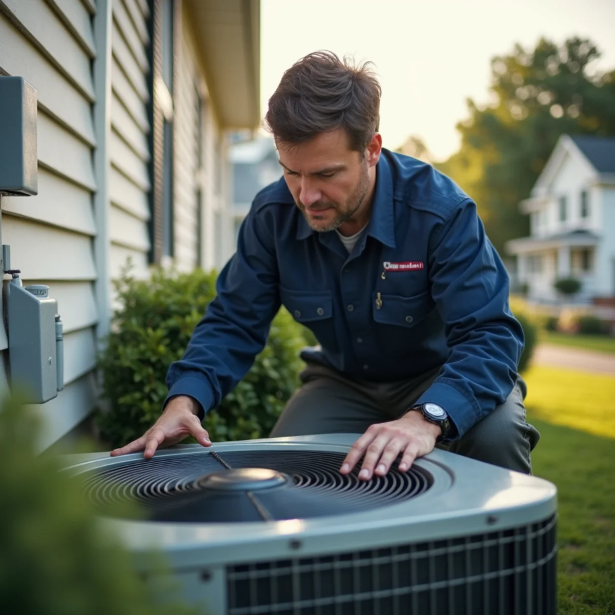 Homeowner checking a stalled outdoor AC condenser during a hot Stafford, VA afternoon