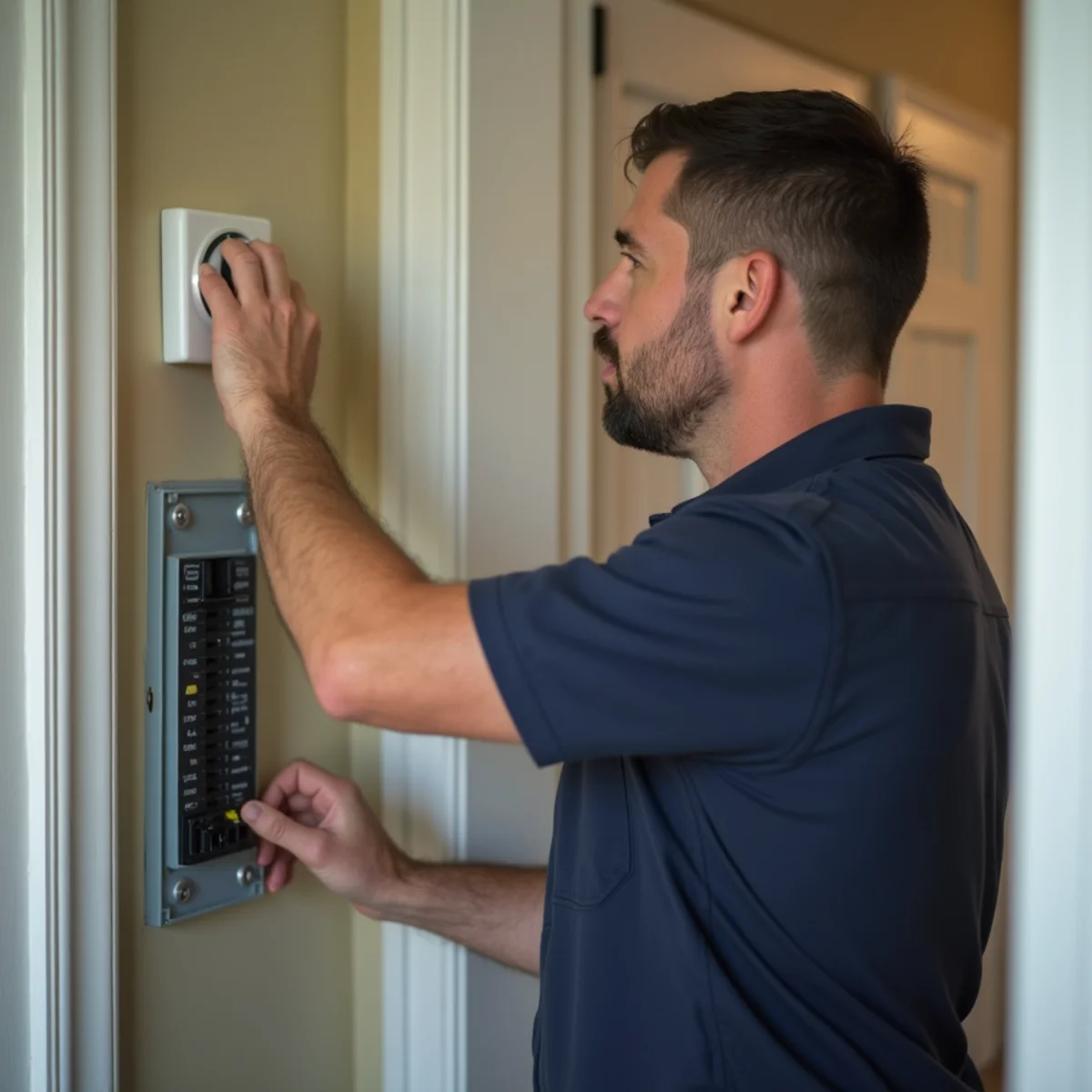 Homeowner checking a thermostat and electrical panel after an air conditioner failed to start in Stafford, VA