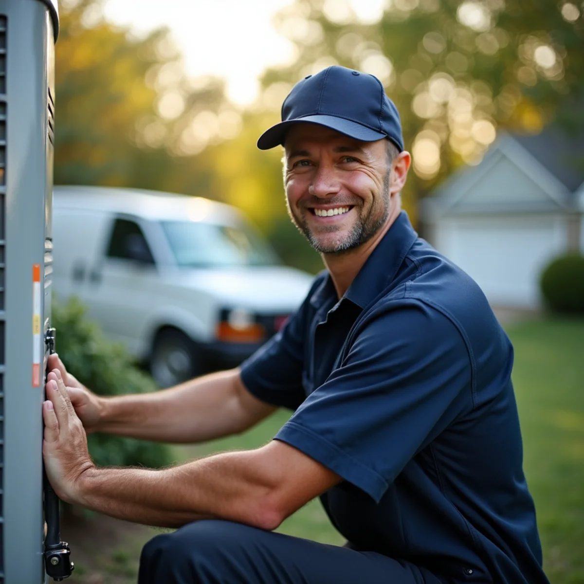 HVAC technician servicing a heat pump at a waterfront home in Aquia Harbour, Stafford VA