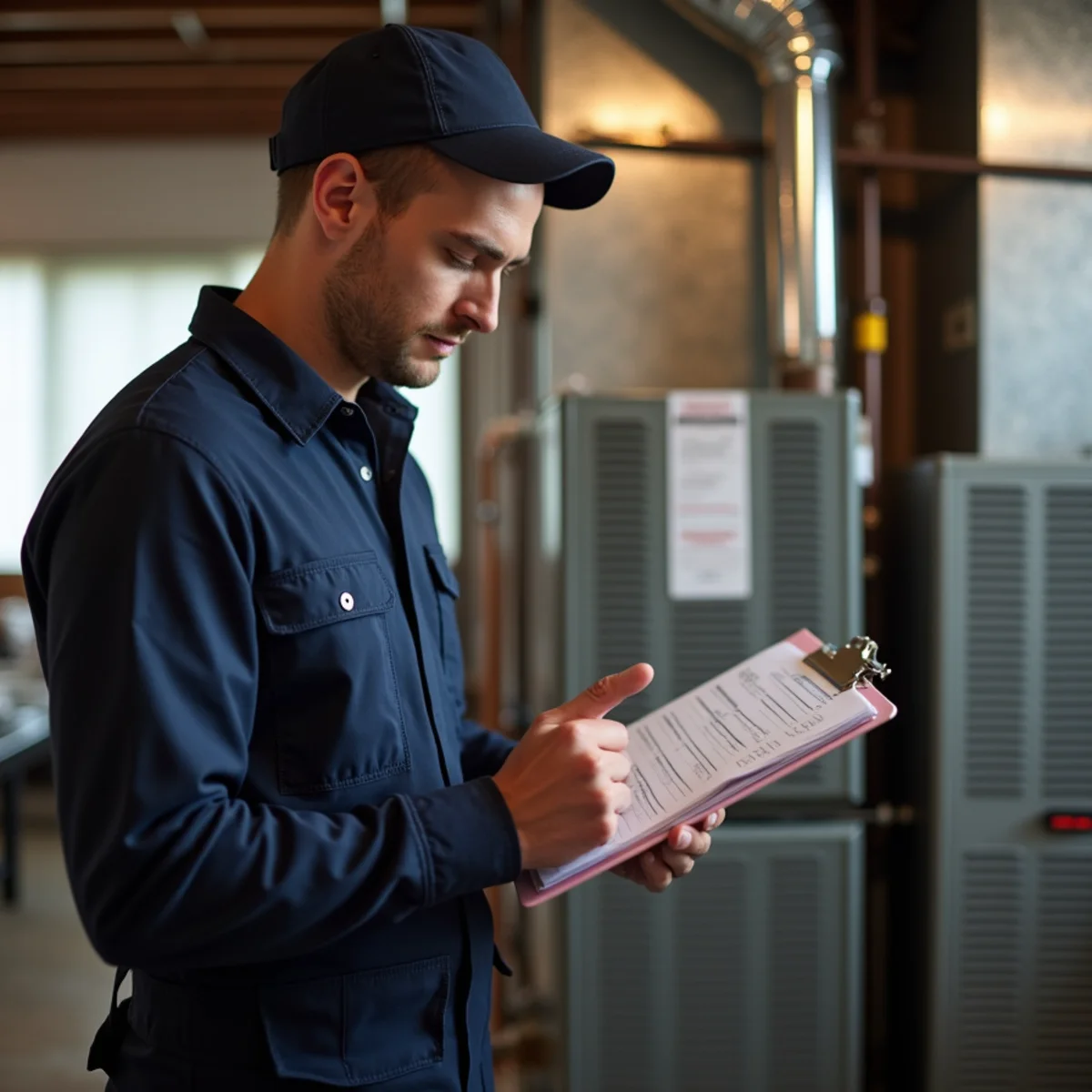 HVAC technician reviewing seasonal maintenance notes for Stafford, VA homes