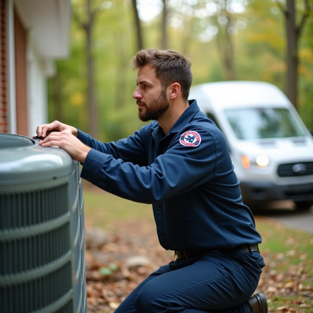 HVAC technician servicing a central AC unit at a wooded-lot colonial in Brooke, Stafford VA