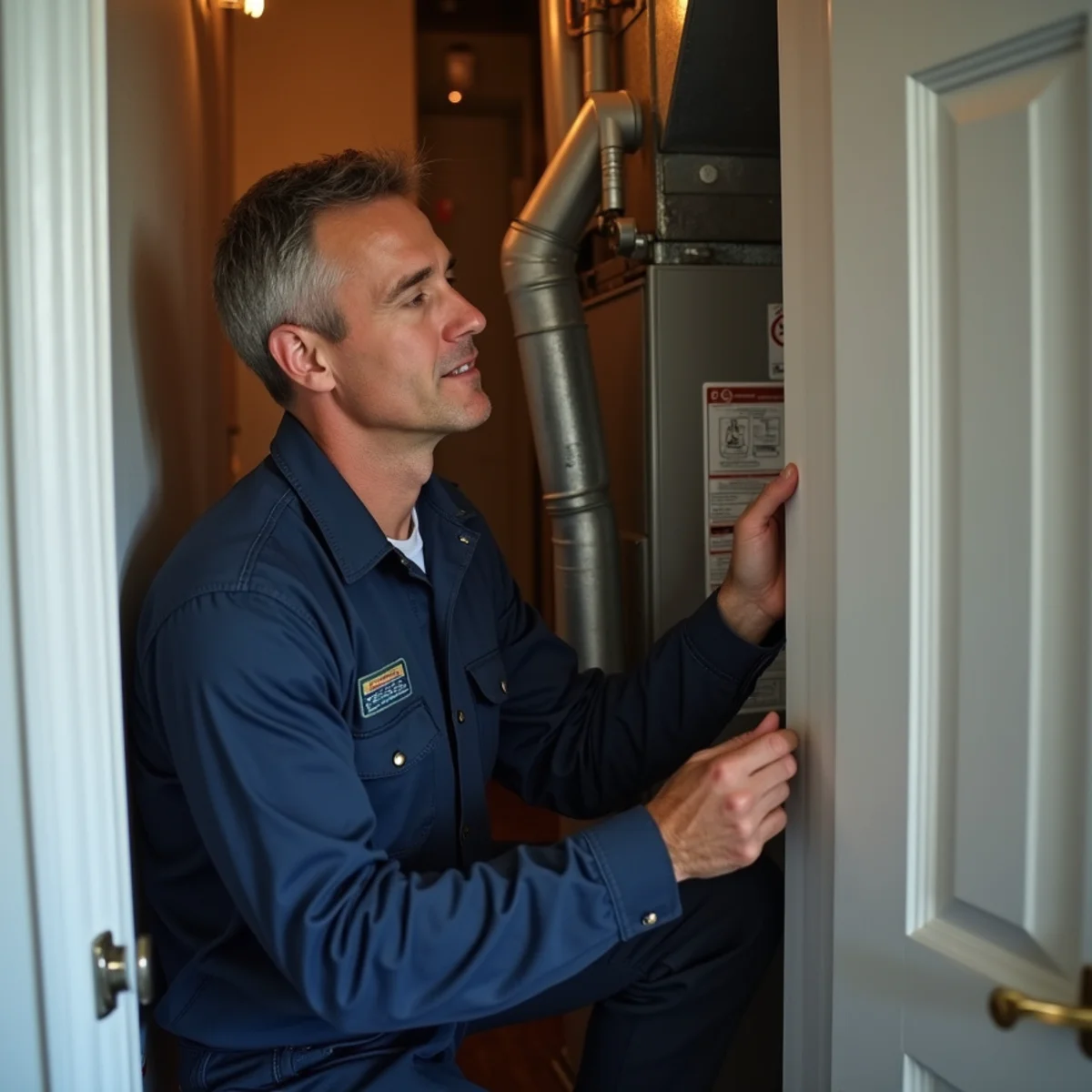 Homeowner inspecting a gas furnace in a Stafford, VA utility closet after noticing a burning smell