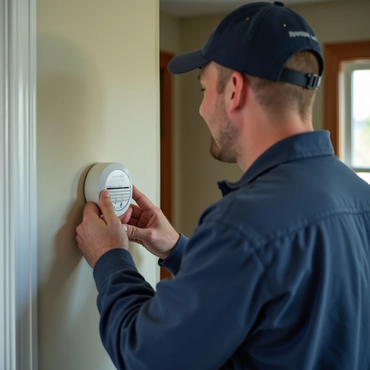 Carbon monoxide detector mounted on a wall near a gas furnace in a Stafford, VA home