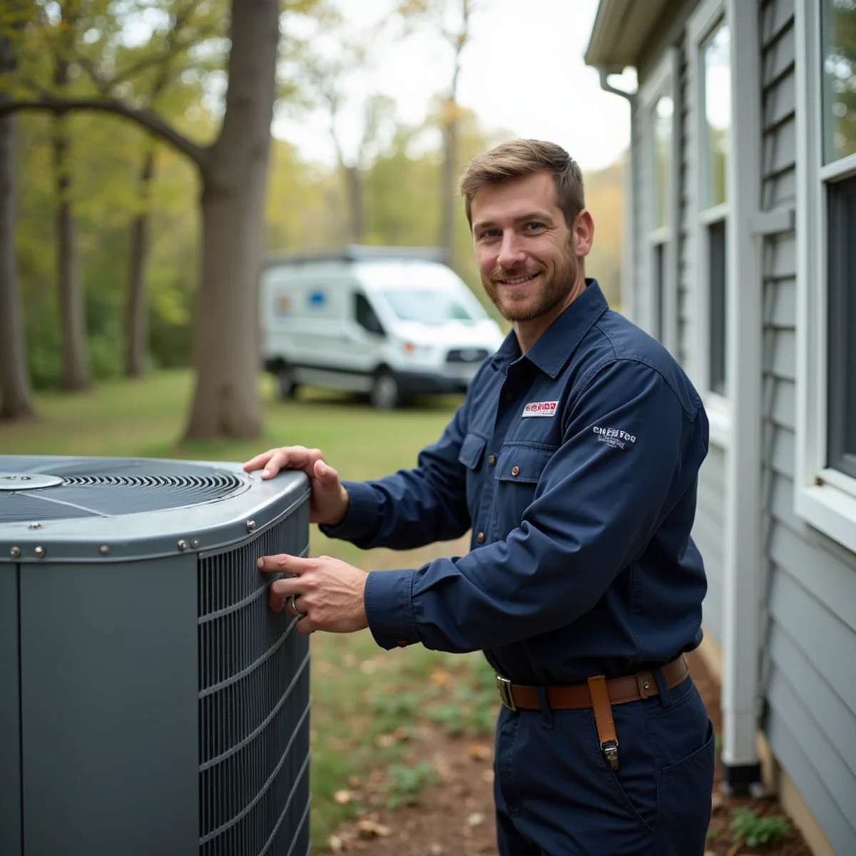HVAC technician installing a high-efficiency heat pump in a new luxury riverfront home in Potomac Shores, VA