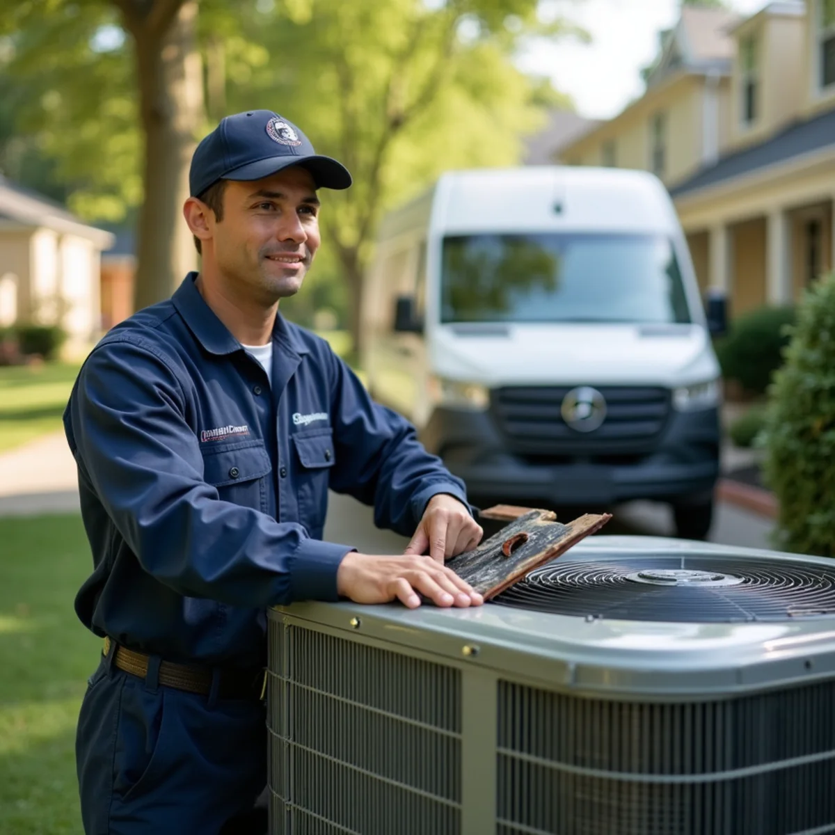 HVAC technician replacing an aging condenser at a Colonial Forge home in Stafford, VA