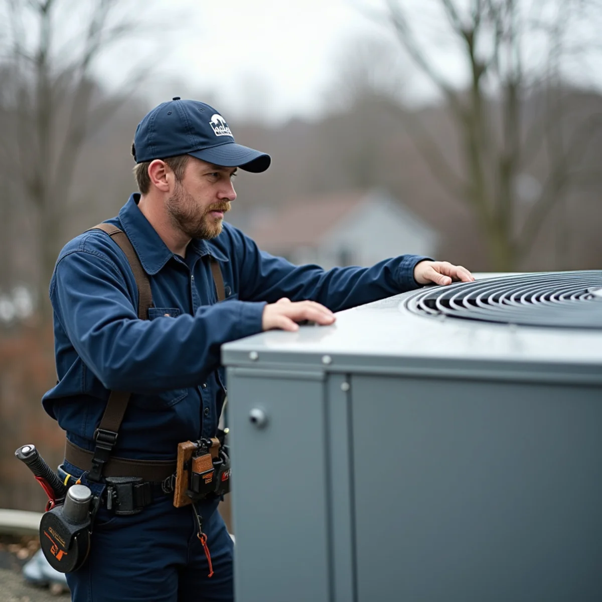 Technician servicing a commercial rooftop HVAC unit on a business along the Garrisonville corridor in Stafford, VA