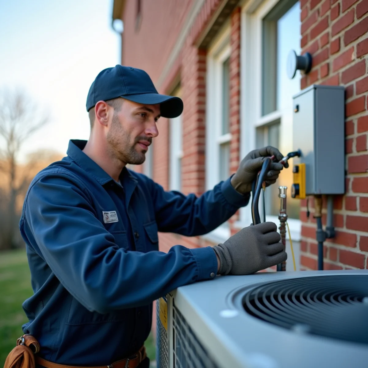 Technician servicing a rooftop packaged HVAC unit on a commercial building in Stafford, VA