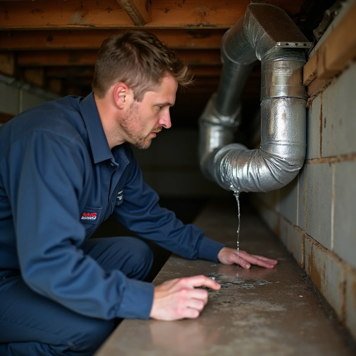 Technician inspecting ductwork and moisture in a humid crawlspace beneath a Stafford, VA home