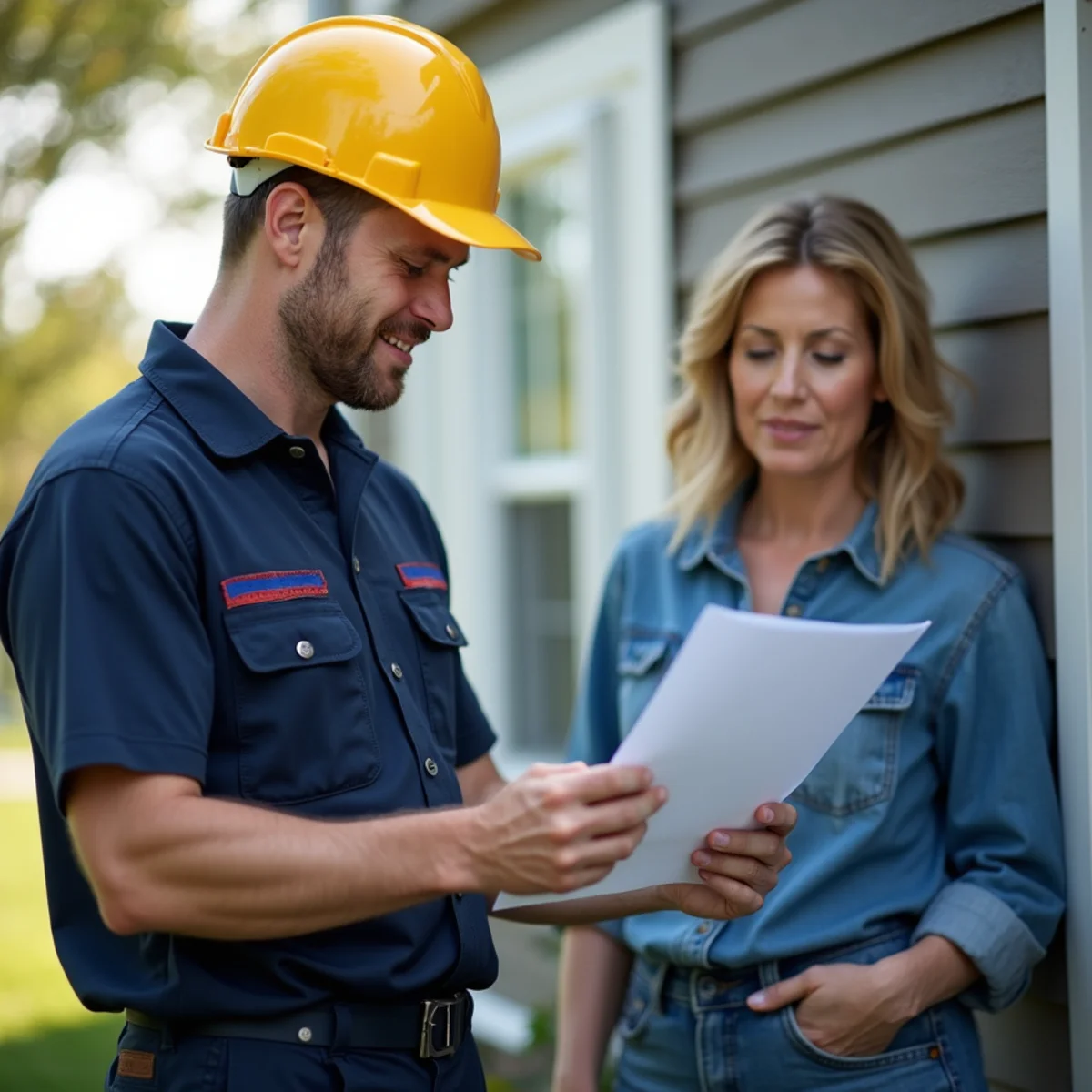 Homeowner reviewing an insurance policy beside an HVAC system in Stafford, VA