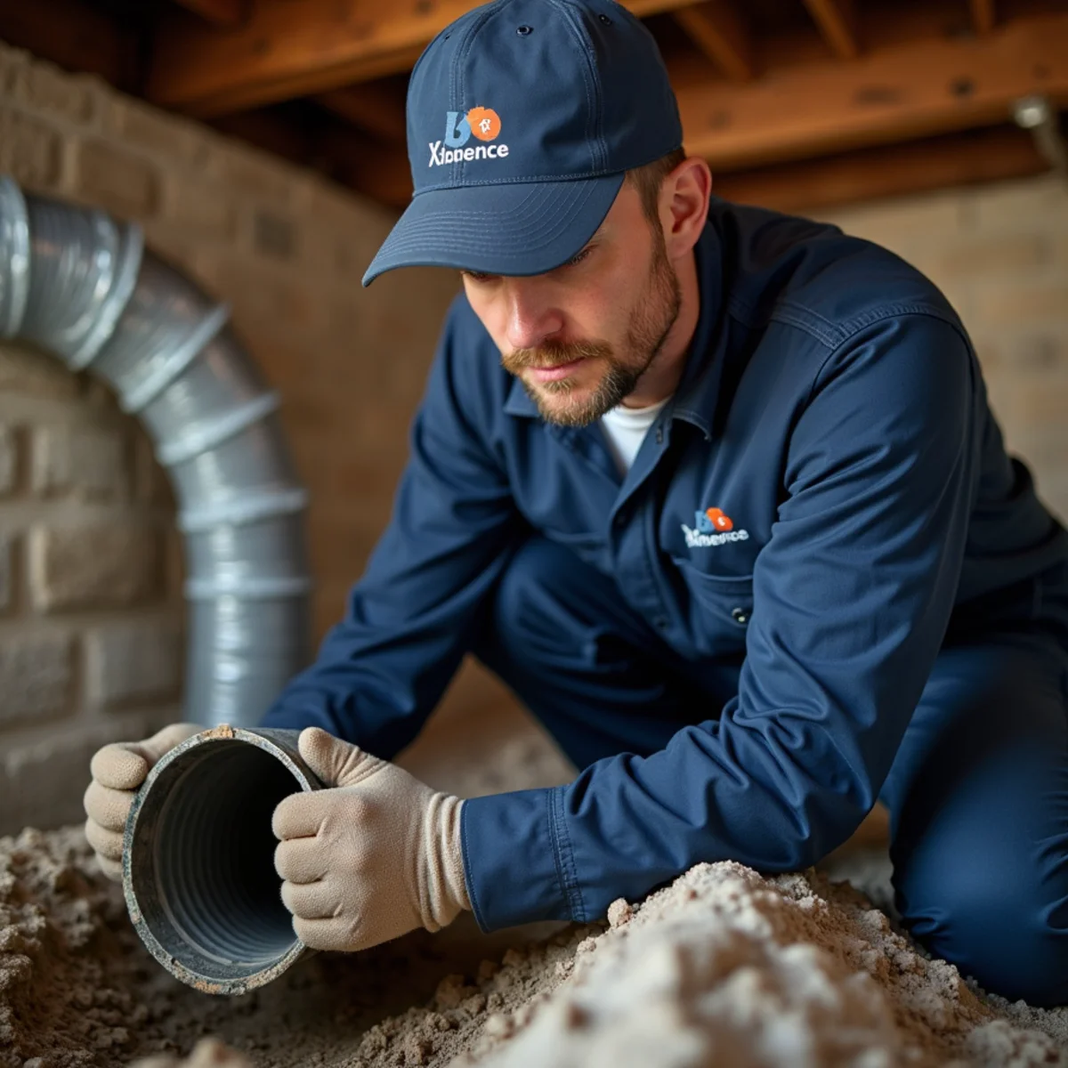 Technician sealing leaky ductwork in the crawlspace of an older White Oak home in Stafford, VA