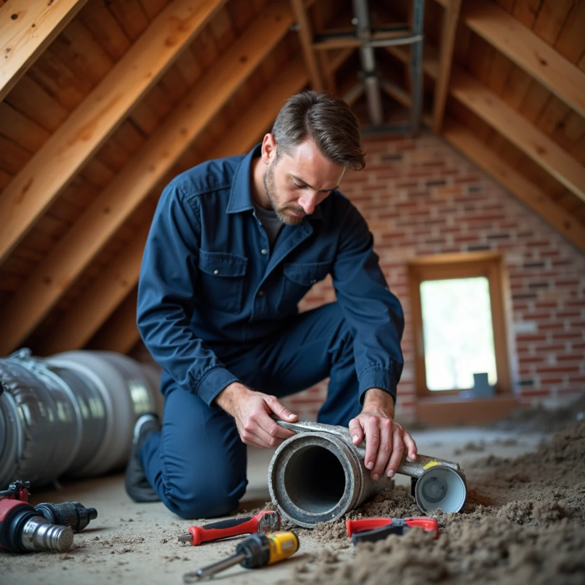 Technician sealing a leaking duct joint with mastic in an attic in Stafford, VA