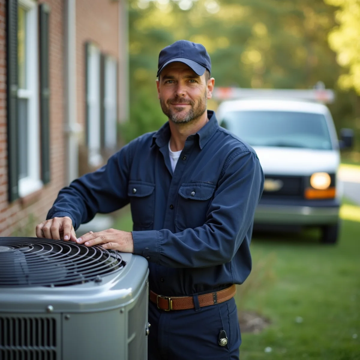 HVAC technician servicing a builder-grade heat pump at an Embrey Mill home in Stafford, VA
