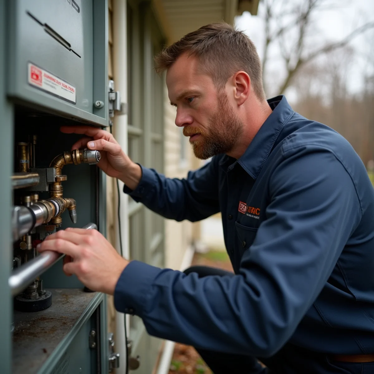 Technician inspecting a gas furnace heat exchanger during a fall heating check in Stafford, VA