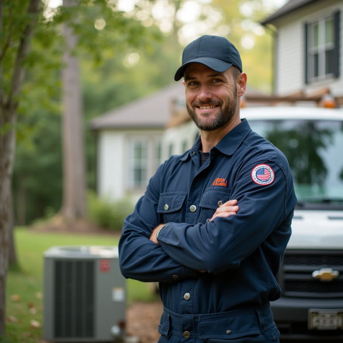 HVAC technician retrofitting a heat pump at an older riverfront home in Falmouth, Stafford VA
