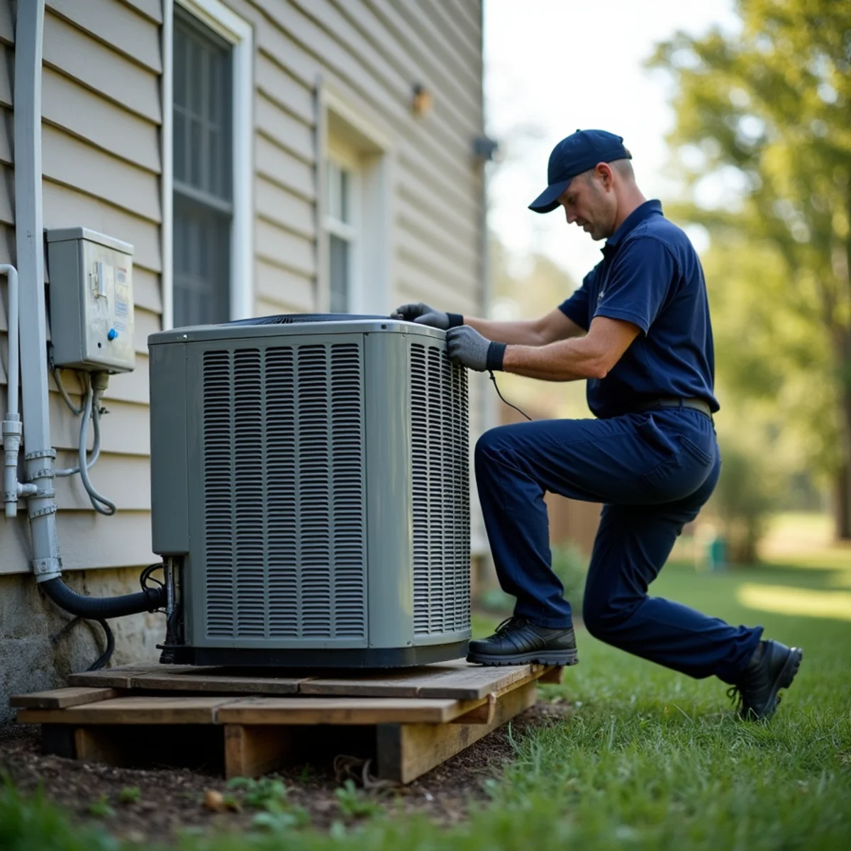 Outdoor condenser raised on a platform to protect it from flooding at a Widewater home in Stafford, VA