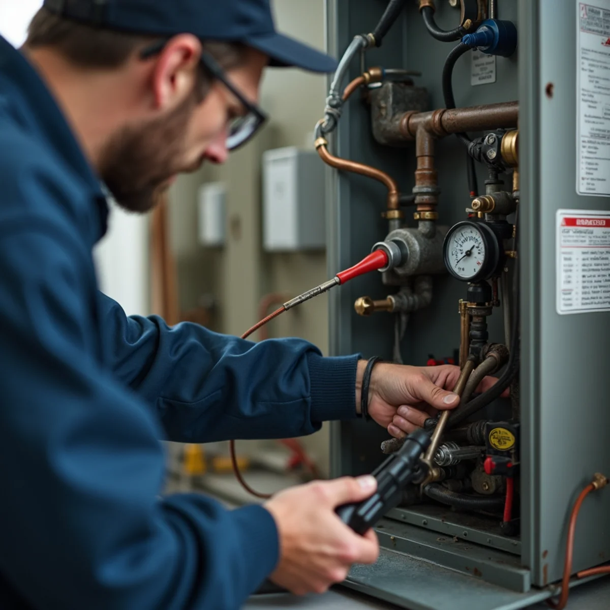 Close-up of furnace repair work and equipment in a Stafford, VA home