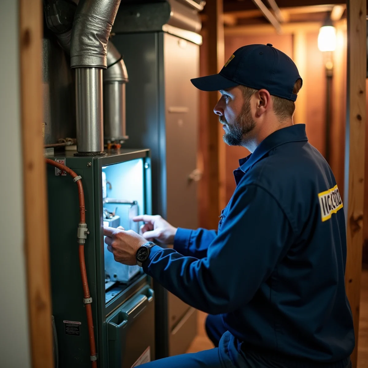 Gas furnace cycling on and off as a technician inspects it in a Stafford, VA basement