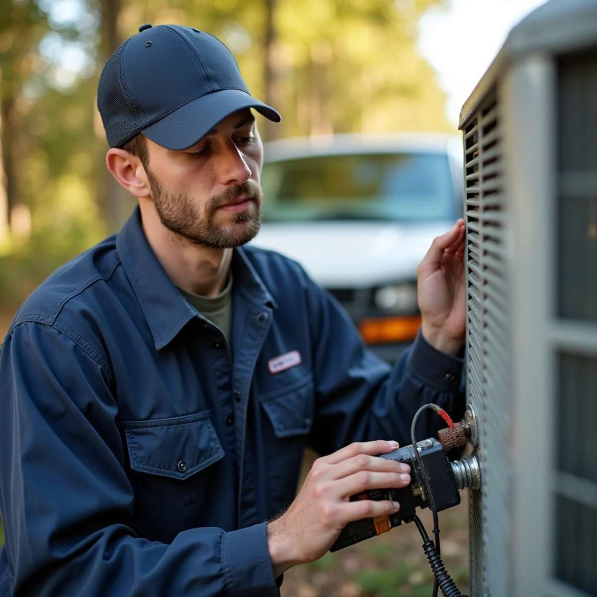HVAC technician installing a heat pump at a rural farmette home in Hartwood, Stafford VA