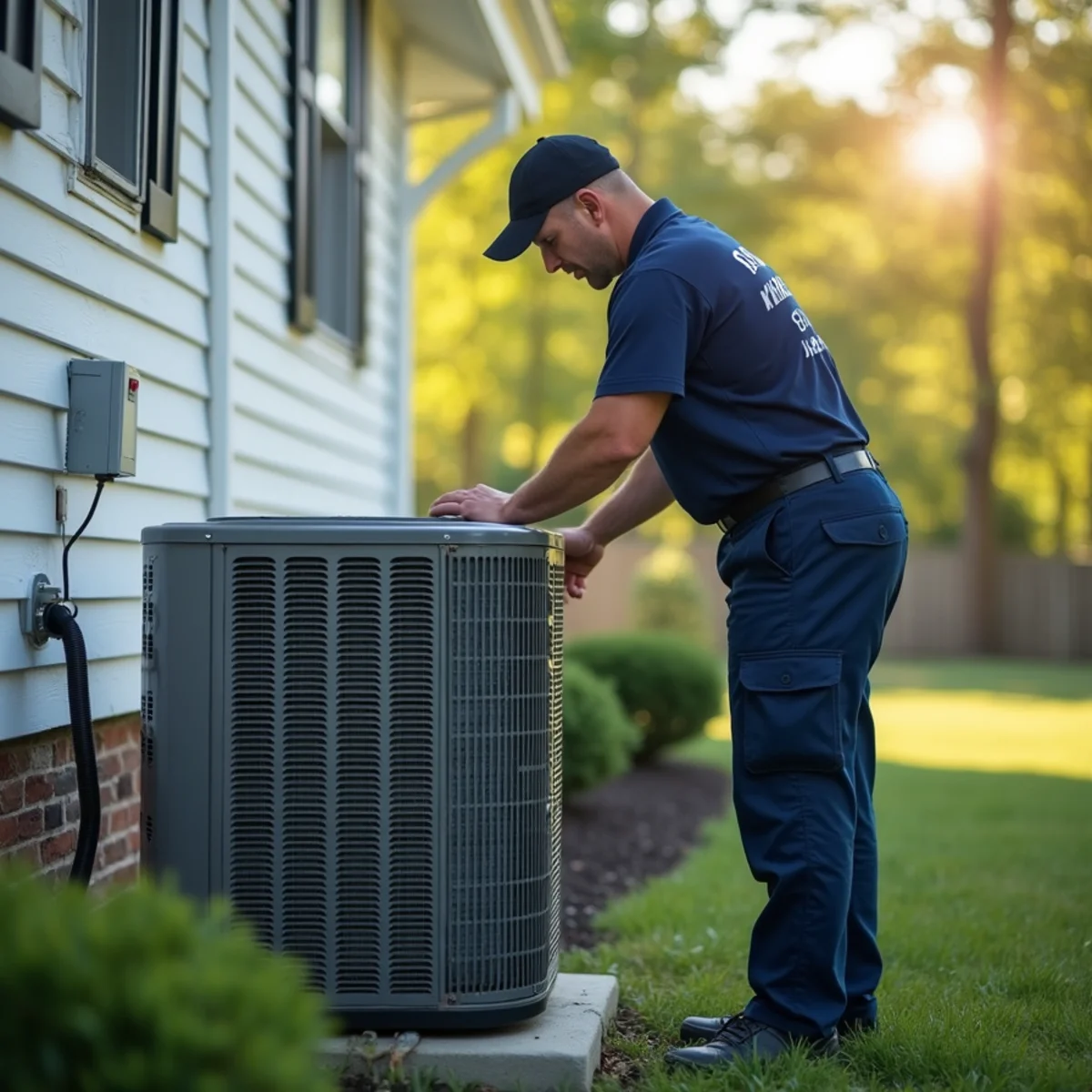 Central AC condenser running hard on a humid 100-degree afternoon at a Stafford, VA home