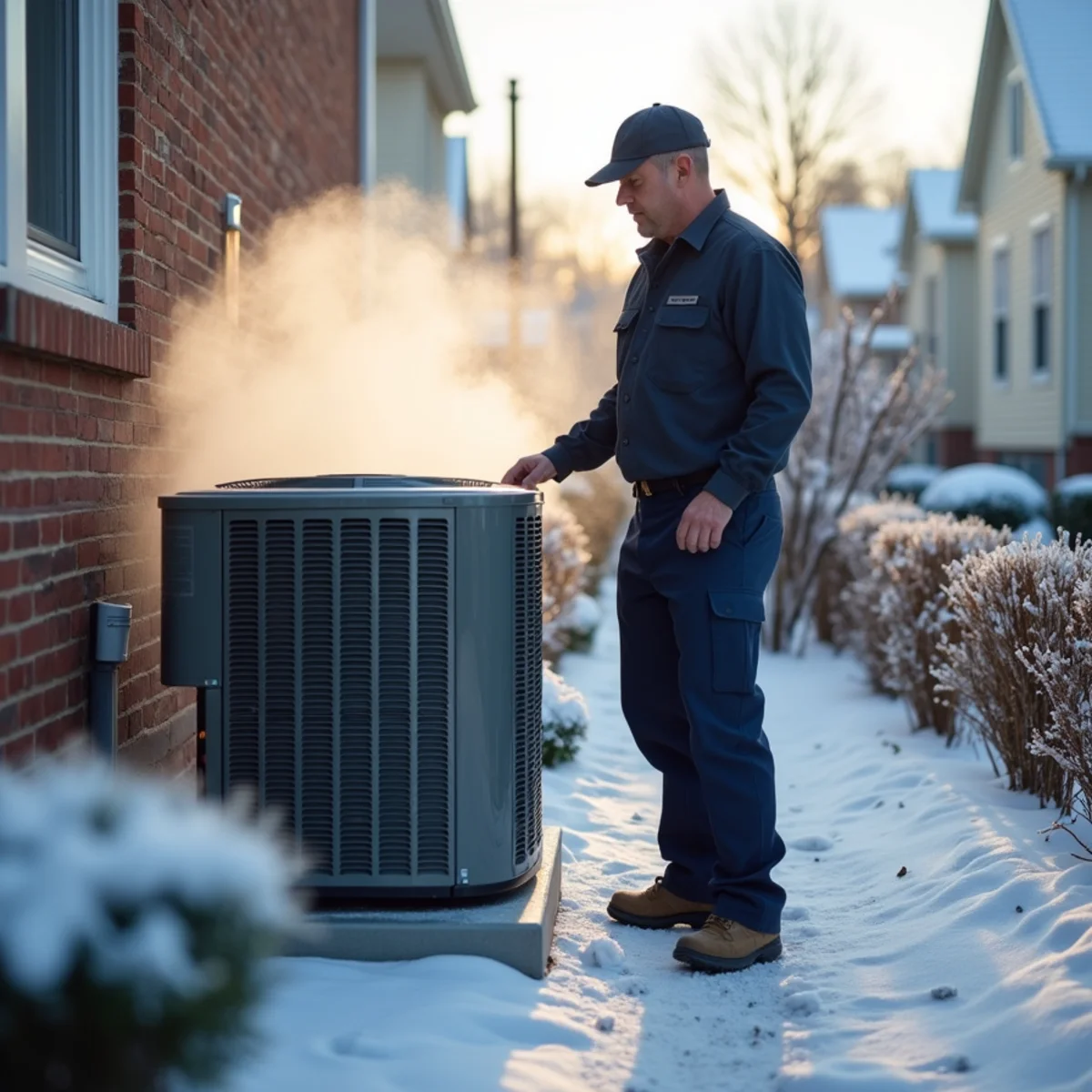 Outdoor heat pump steaming during a defrost cycle on a frosty Stafford, VA morning