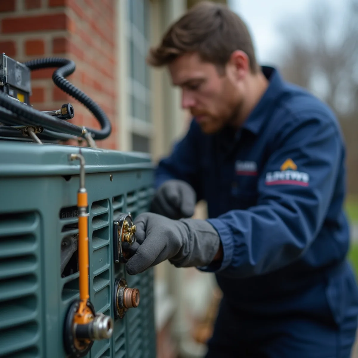 Close-up of heat pump installation & repair work and equipment in a Stafford, VA home