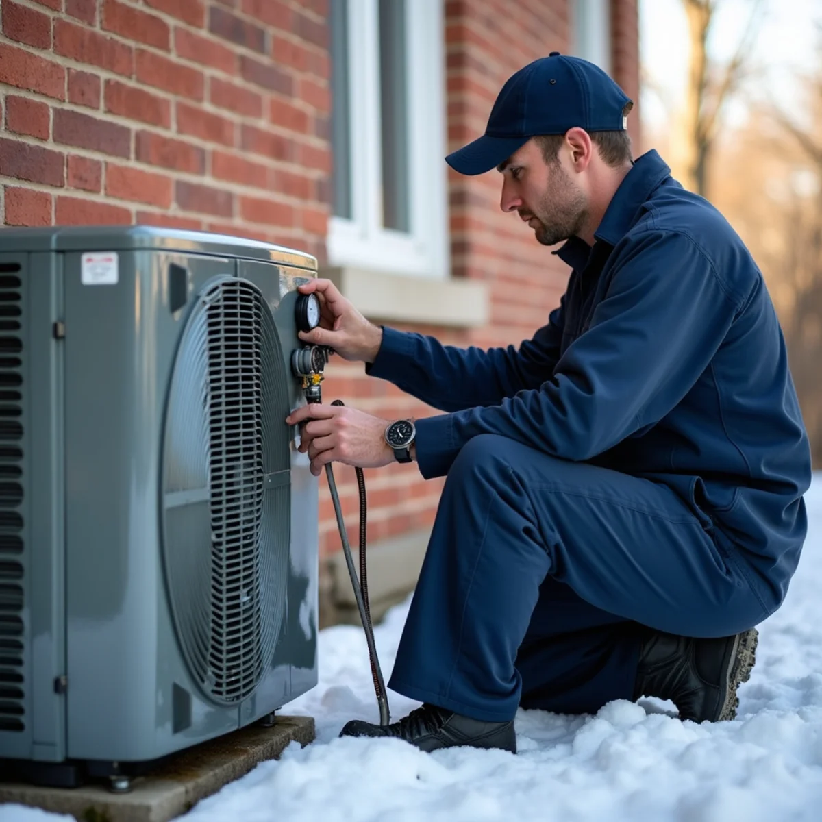Technician servicing a heat pump condenser in defrost mode at a Stafford, VA home in winter