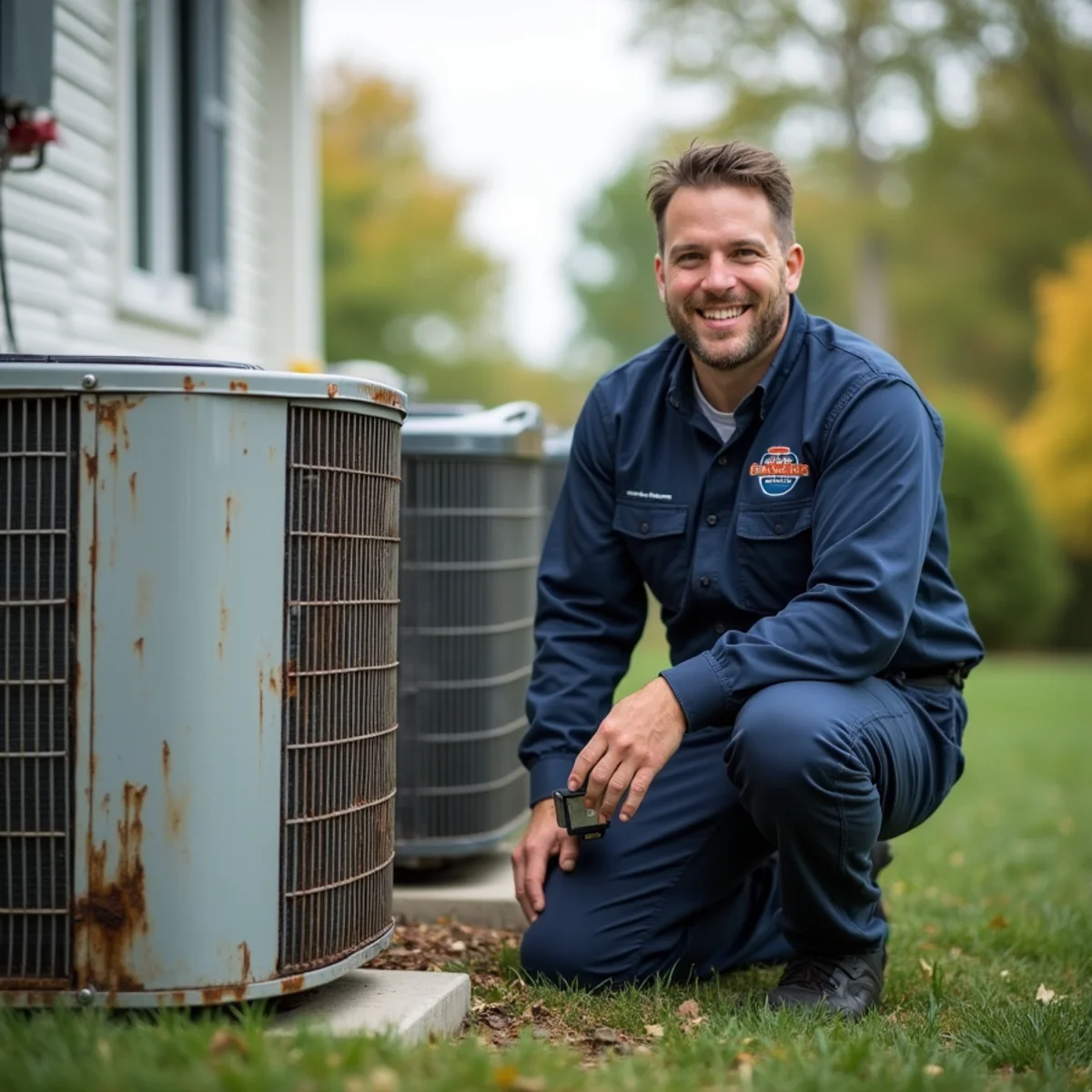 An aging outdoor HVAC condenser unit beside a Stafford, VA home showing years of weathering