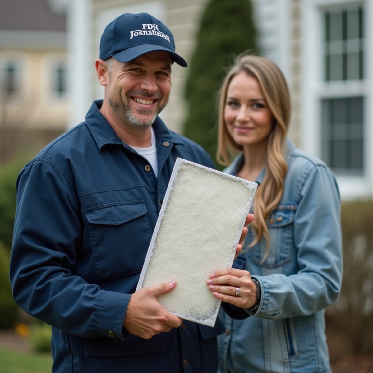 Homeowner comparing a clean filter to a pollen-clogged one during spring in Stafford, VA