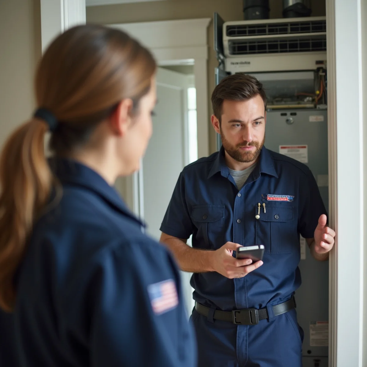 Homeowner checking the indoor air handler and filter during a monthly HVAC walkaround in Stafford, VA