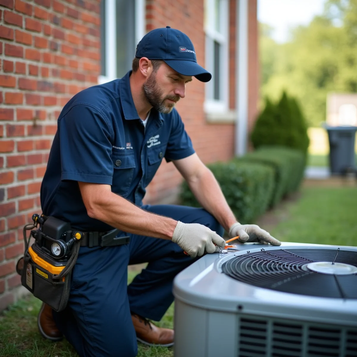Technician cleaning a condenser coil during a seasonal tune-up at a Stafford, VA home