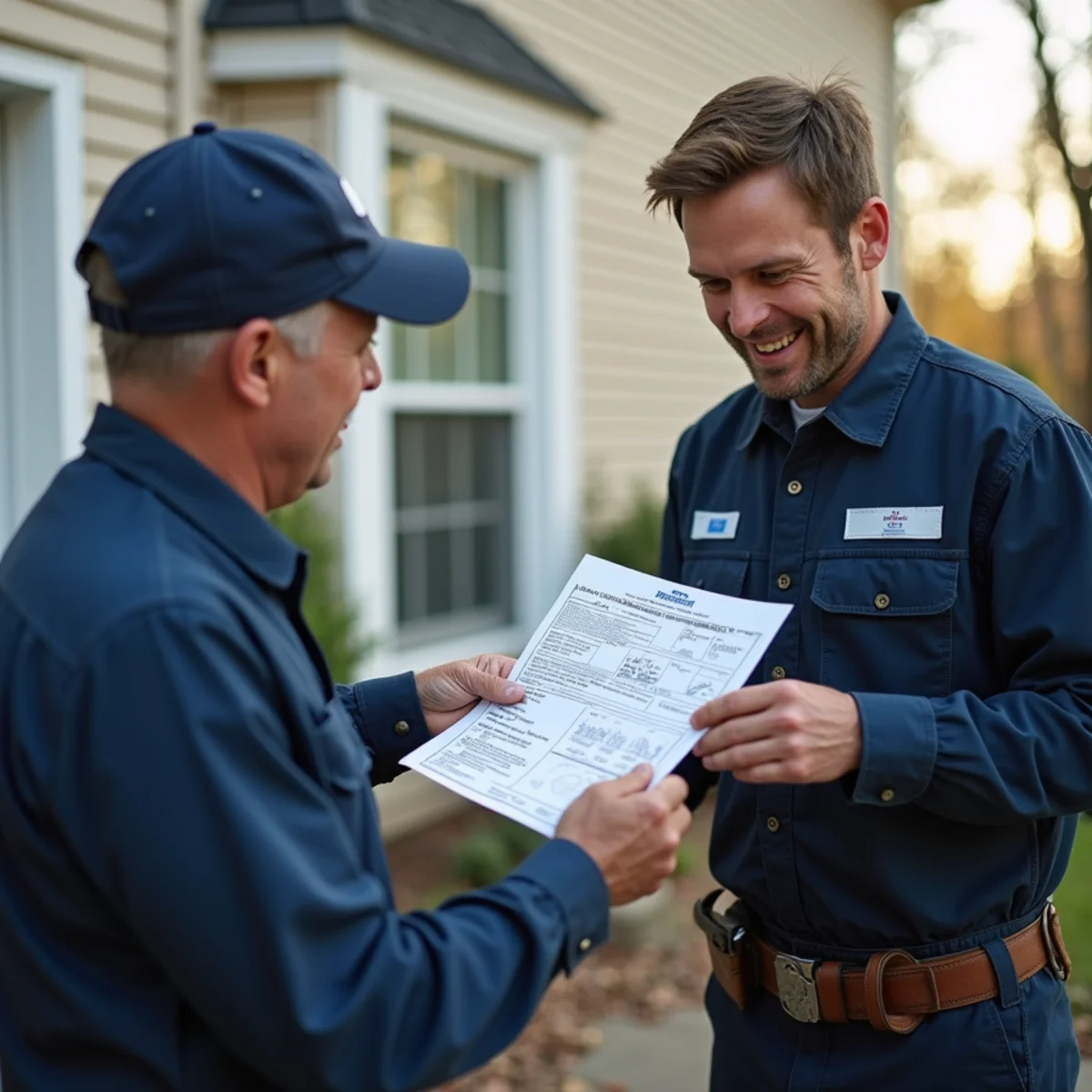 Technician showing a homeowner a repair-versus-replace comparison for an aging HVAC system in Stafford, VA