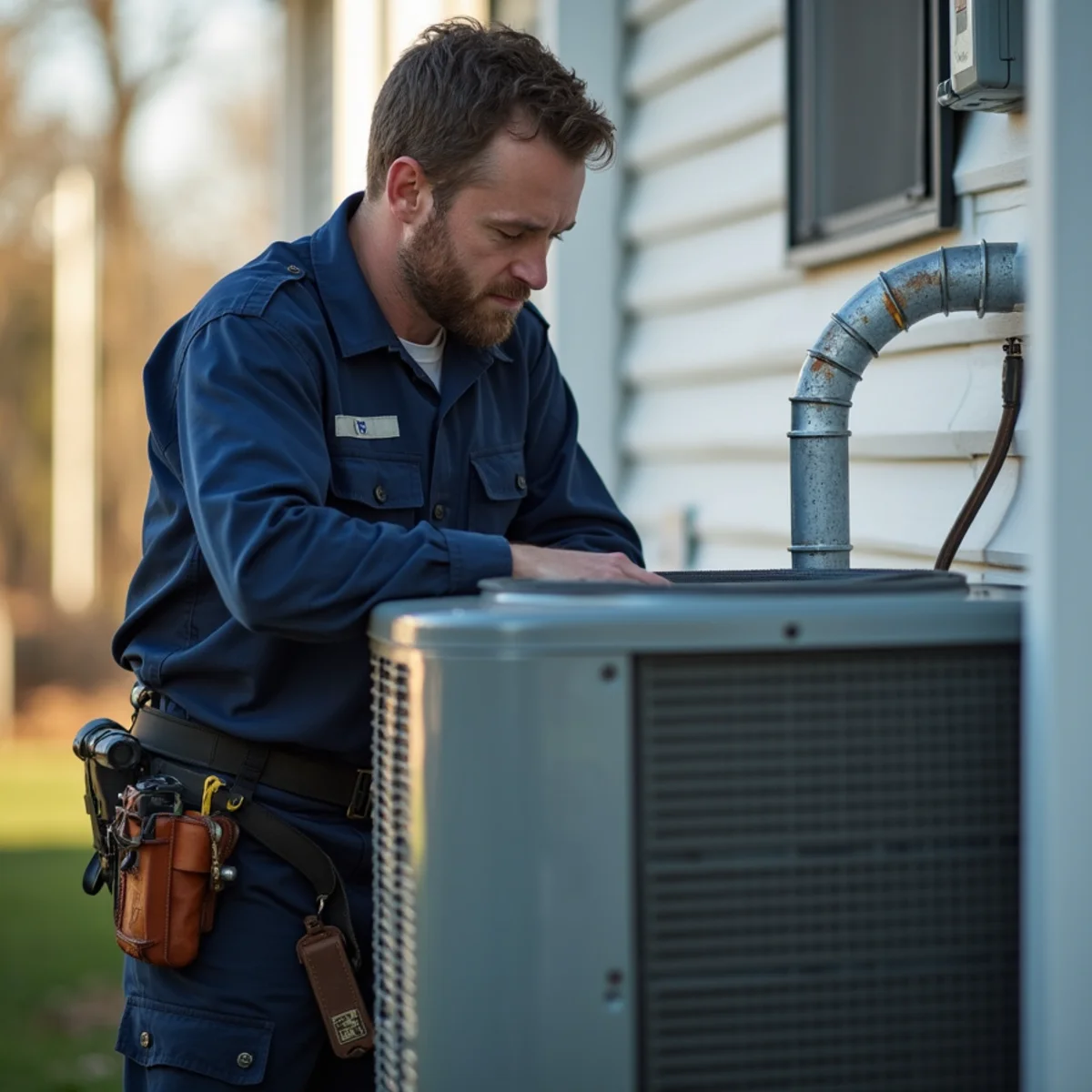 Technician performing seasonal HVAC service at a rental home in Boswells Corner, Stafford, VA