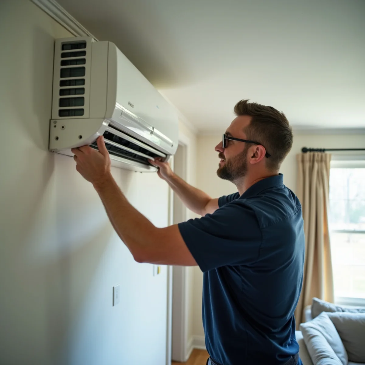 Homeowner cleaning the filter on a wall-mounted ductless mini-split in a Stafford, VA home