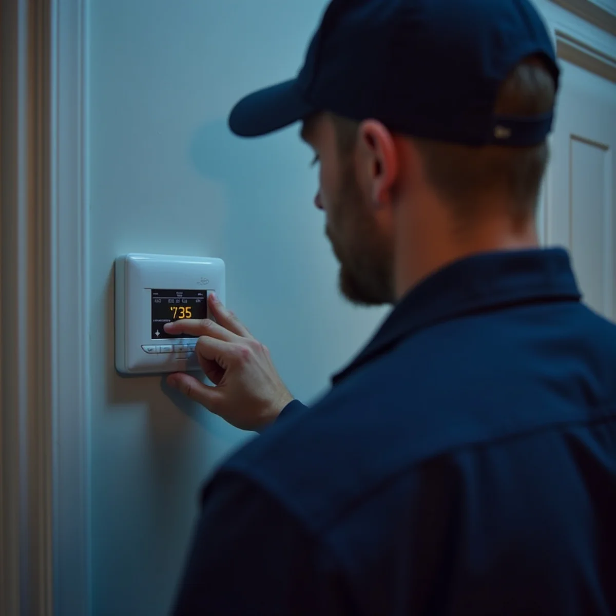 Thermostat reading a low temperature inside a cold Stafford, VA home on a winter night