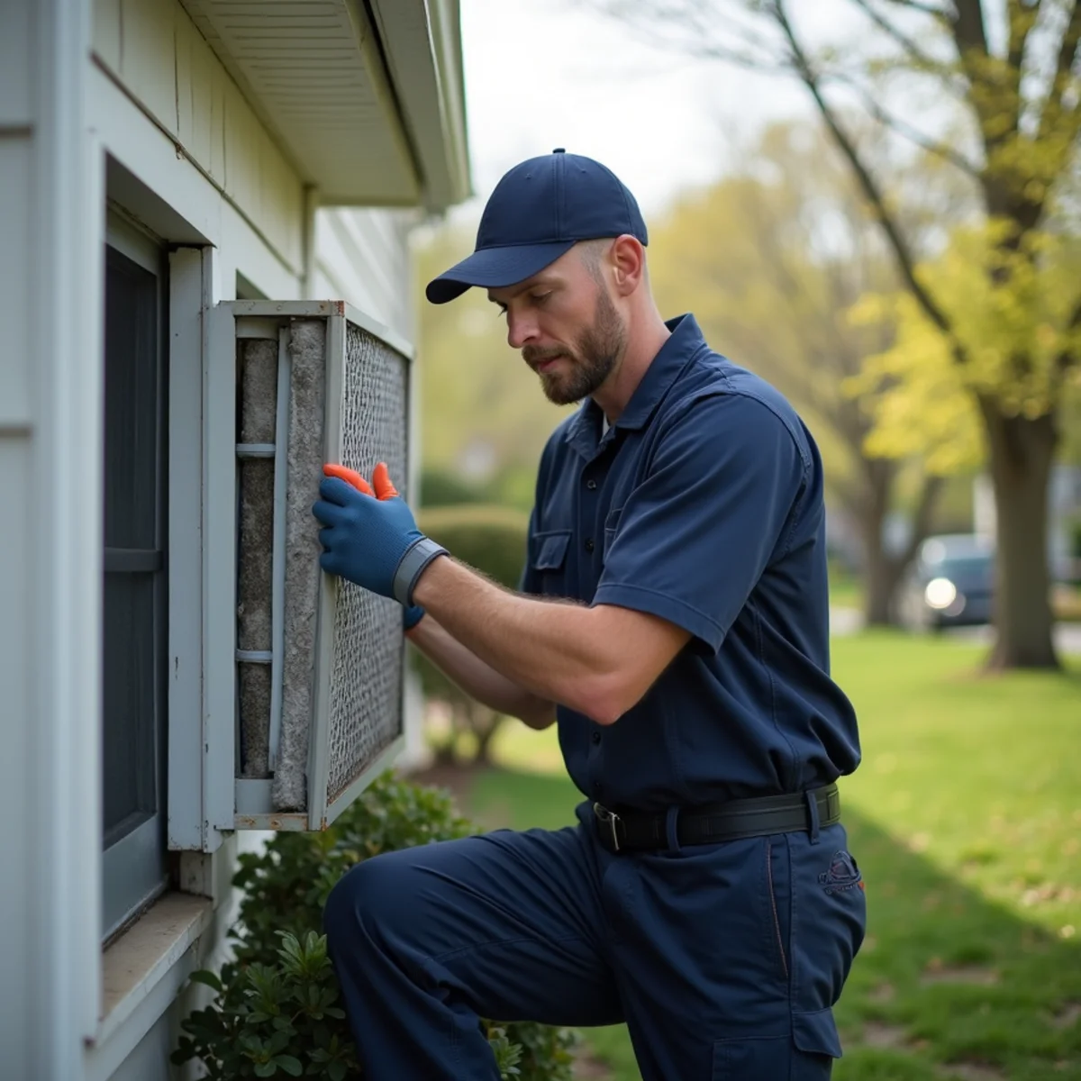 Technician replacing a pollen-clogged HVAC filter during spring allergy season at a Stafford, VA home