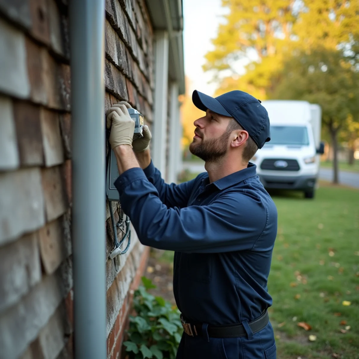 HVAC technician repairing an AC unit at an aging riverfront cottage in the town of Quantico, VA