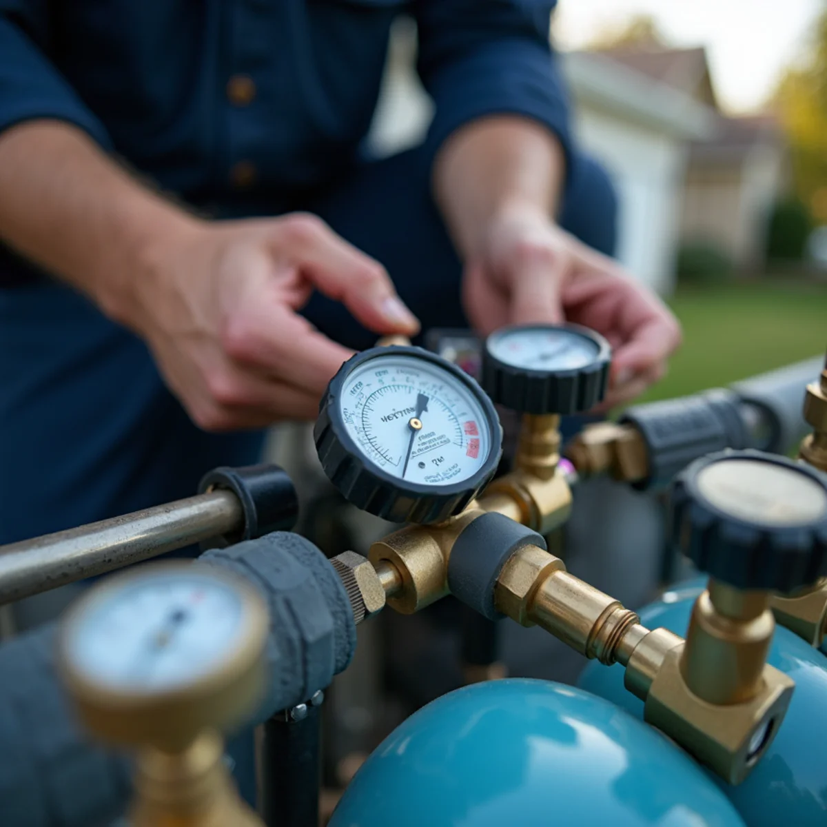 Close-up of refrigerant leak detection & repair work and equipment in a Stafford, VA home
