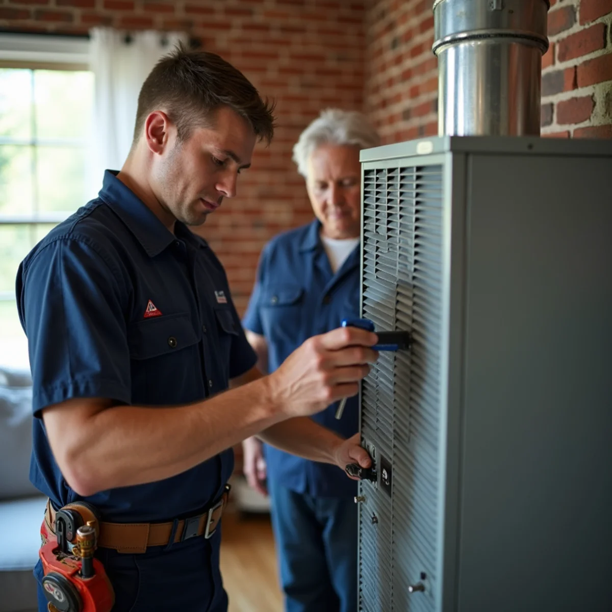 HVAC technician reviewing a home comfort system with a homeowner in a Stafford, VA living room