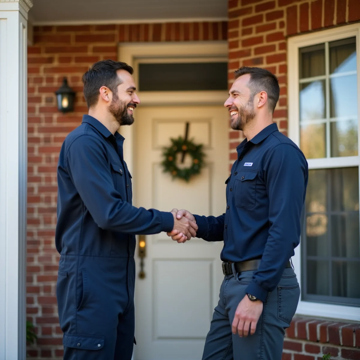 Satisfied Stafford, VA homeowner greeting an HVAC technician after a completed job
