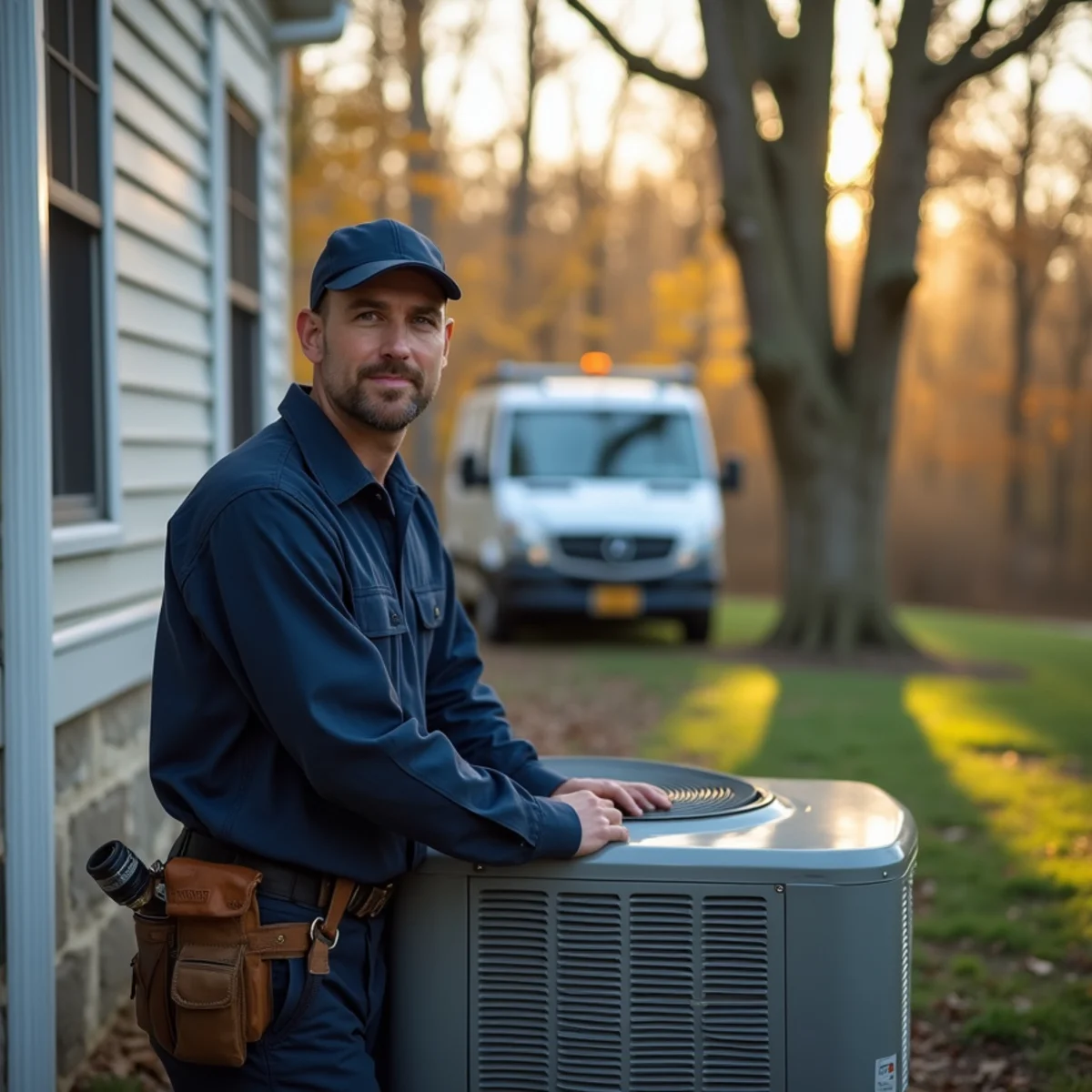 HVAC technician replacing an oil furnace with a heat pump at a rural farm home in Ruby, Stafford VA