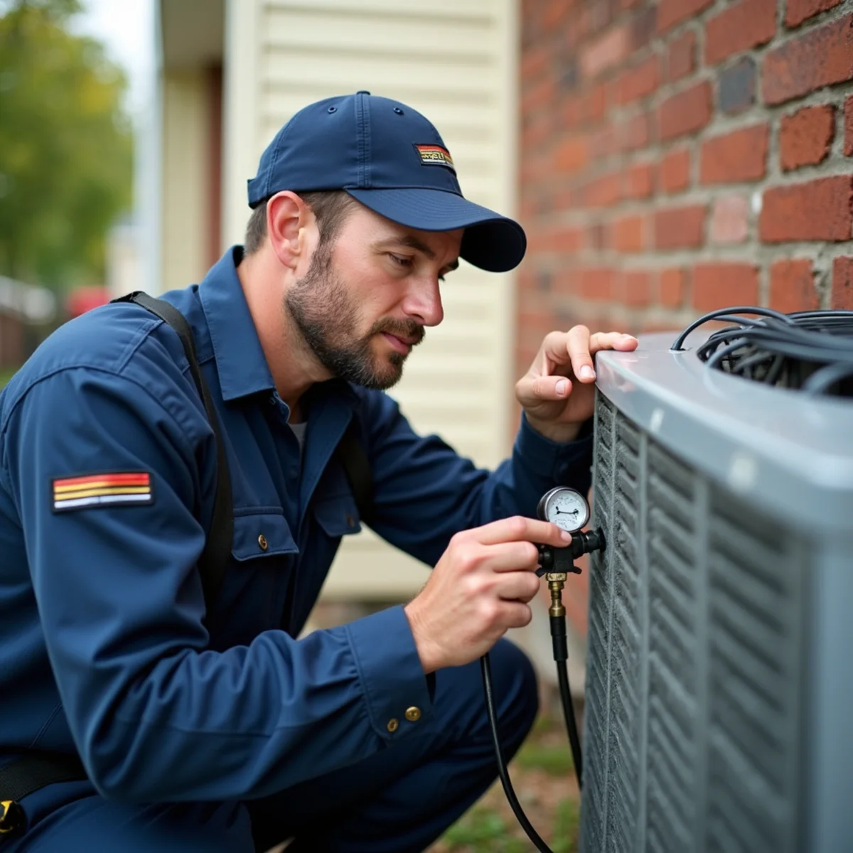 Technician checking refrigerant pressures on an AC that is running but not cooling in Stafford, VA