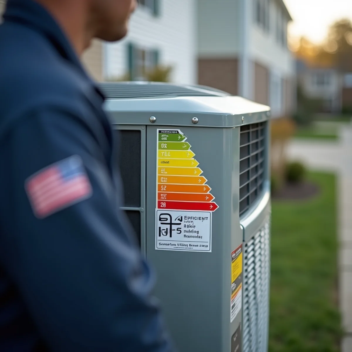 An energy-efficiency rating label on a high-efficiency heat pump installed at a Stafford, VA home