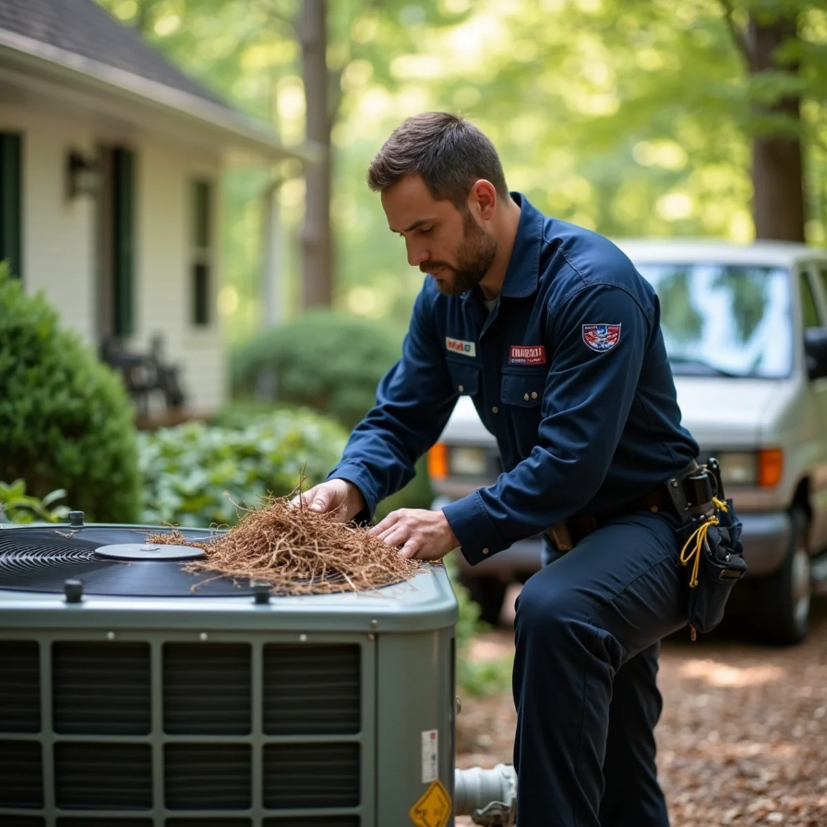HVAC technician clearing pine needles and leaves from a condenser at a wooded Shadow Woods home in Stafford, VA