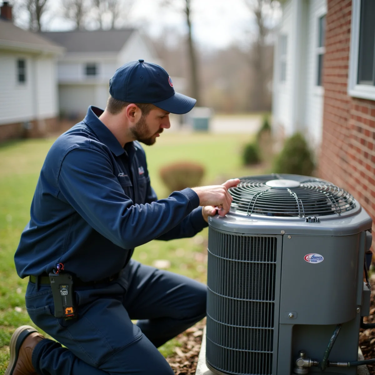 Technician performing a spring AC tune-up on an outdoor condenser at a Garrisonville home in Stafford, VA