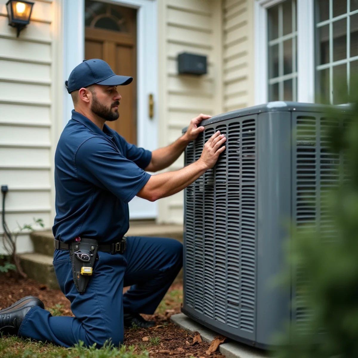 Technician removing an aging outdoor condenser during an AC replacement at a Colonial Forge home in Stafford, VA